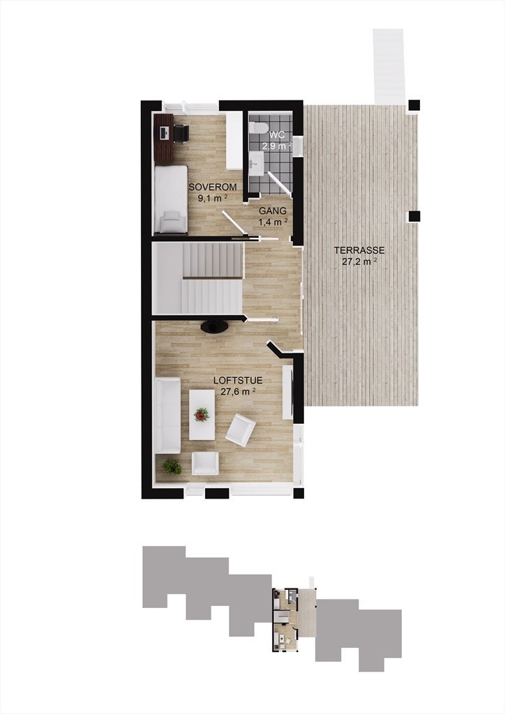 Plantegning 3 etasje. Flott loftstue med store vinduer, soverom, WC. Stor takterrasse, med adkomst ned til hagen. Galleribilde