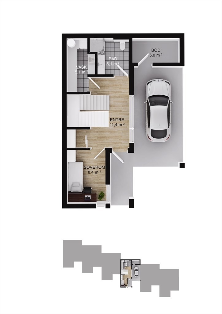 Plantegning 1 etasje. Bod innerst i carporten. Hyggelig inngangsparti! Galleribilde