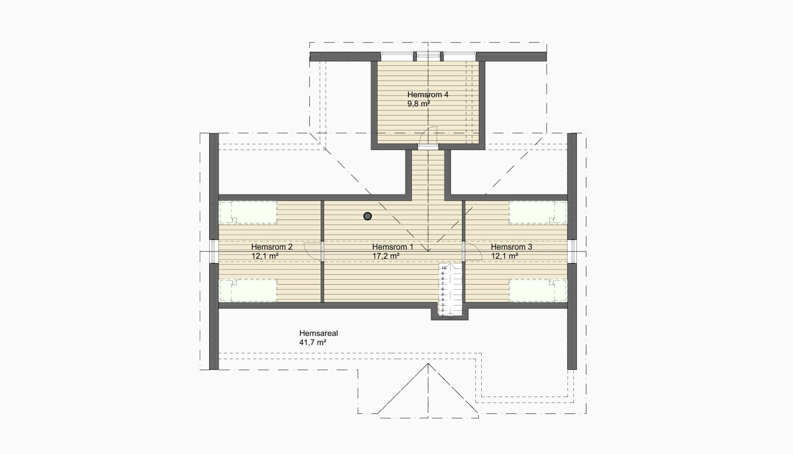 Stor hems med opptil 3 soverom + stue. Fantastisk utsikt fra rommet i framkant av hytta. Hytta som bygges er speilvendt fra disse tegningene. Galleribilde