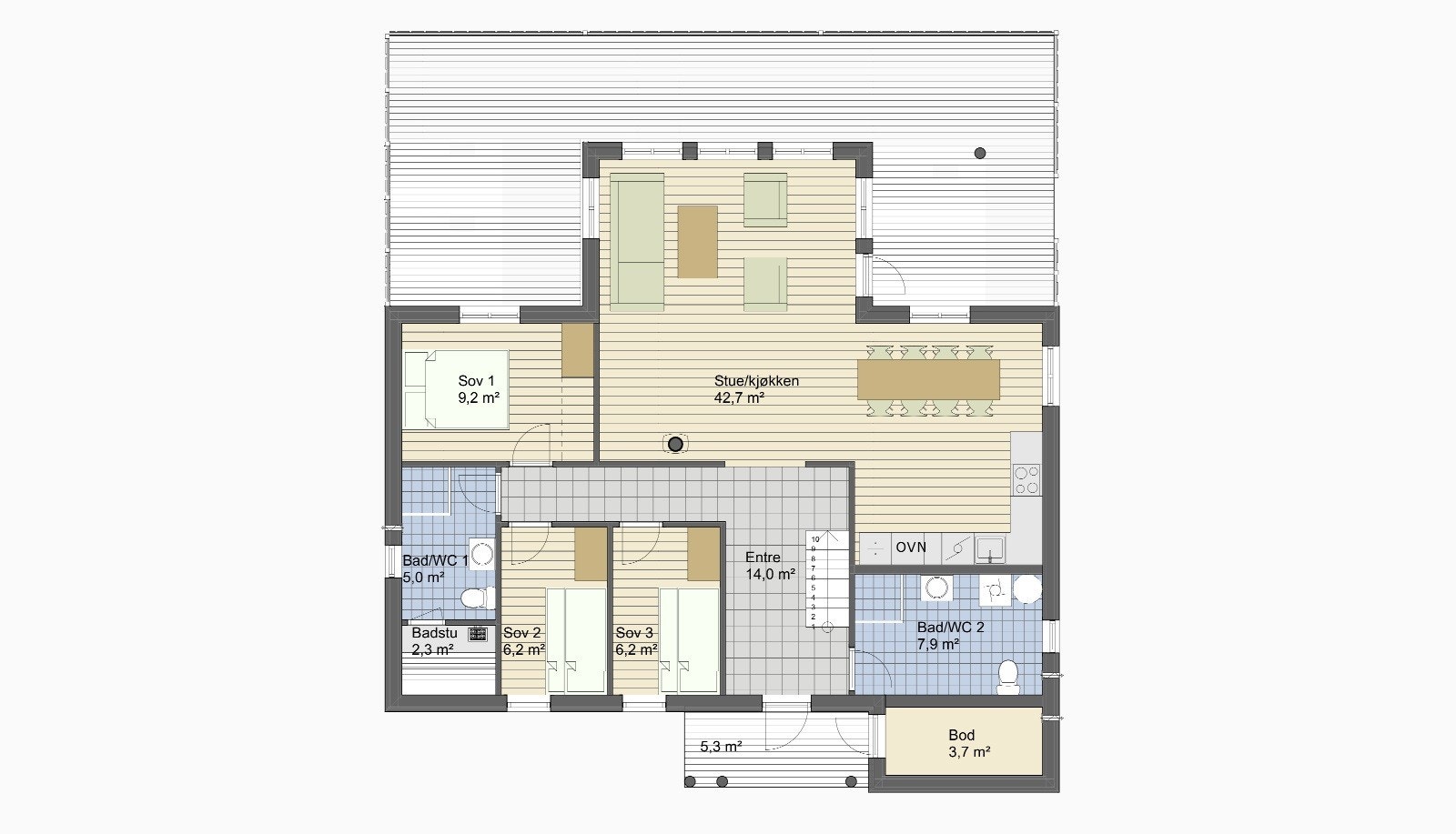 Grunnplan. Med i prisen følger utvidet terrasse. Hytta som bygges er speilvendt fra disse tegningene. Galleribilde