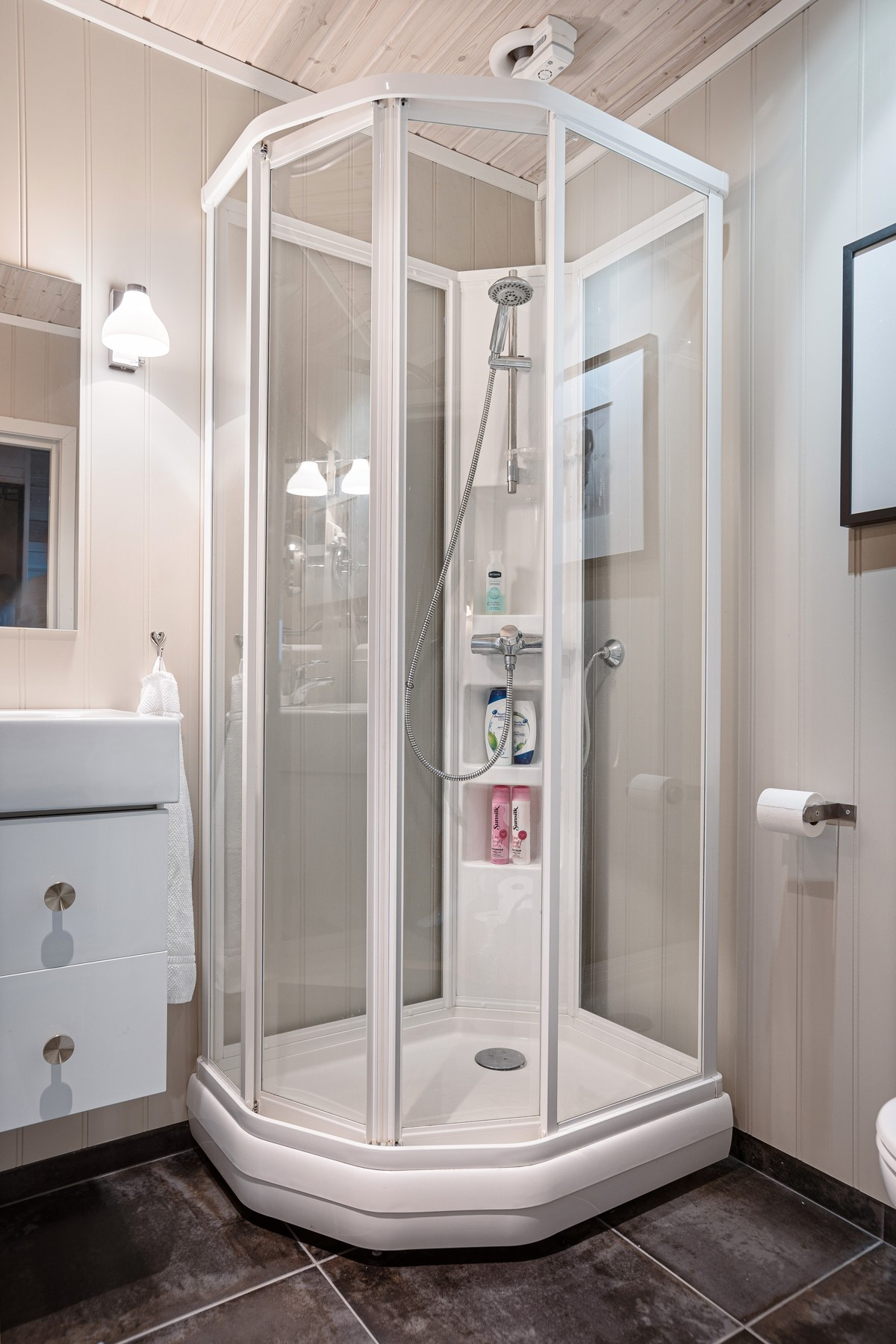 Badet er utsyrt med dusjkabinett, servant m/ innredning og gulvmontert toalett