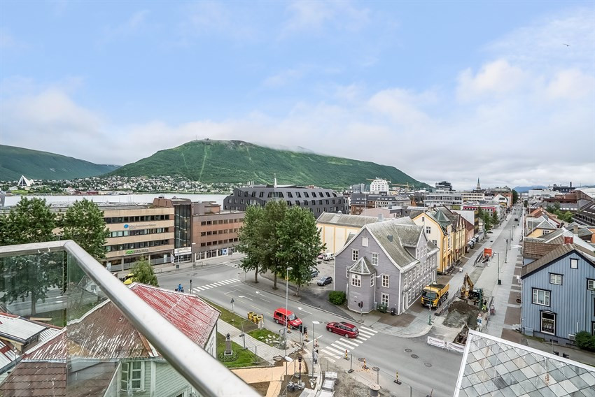Utsikt fra felles takterrasse. Fellesområdene kan reserveres av beboerne.