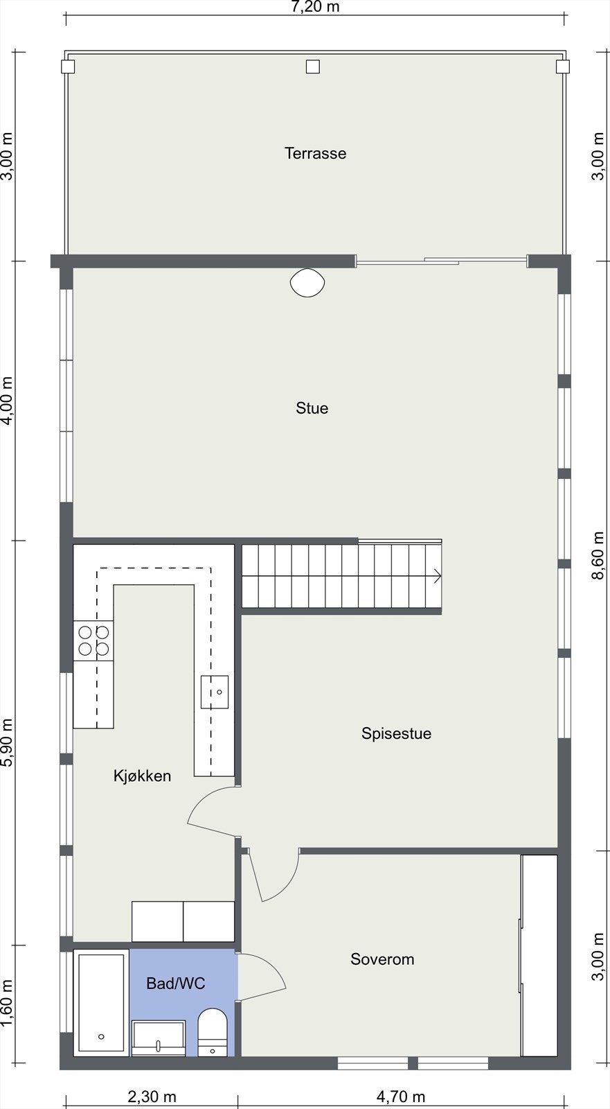 2. etasje: 85 kvm bruksareal: Stue med utgang til terrasse og hage, spisestue, kjøkken, bad/wc, soverom. Galleribilde