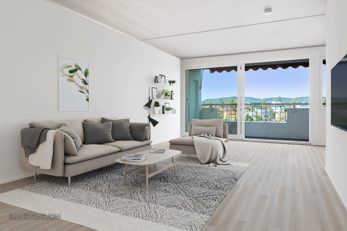 Illustrasjonsbilde, viser hvordan det kan bli i stuen etter en oppussing. Galleribilde