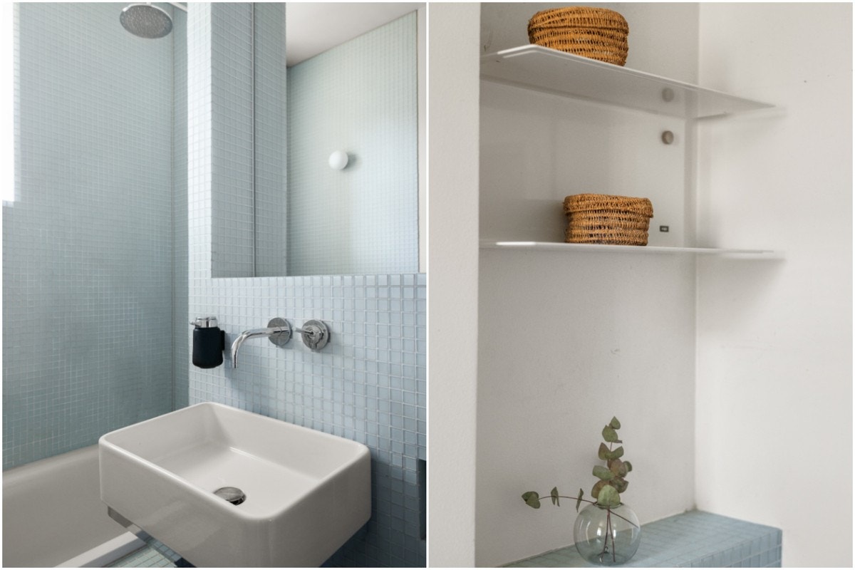 Flislagt gulv med varmekabler, mosaikkfliser/malte vegger og malt himling. Innebygd kombinert vaskemaskin/tørketrommel på kjøkkenet. Galleribilde