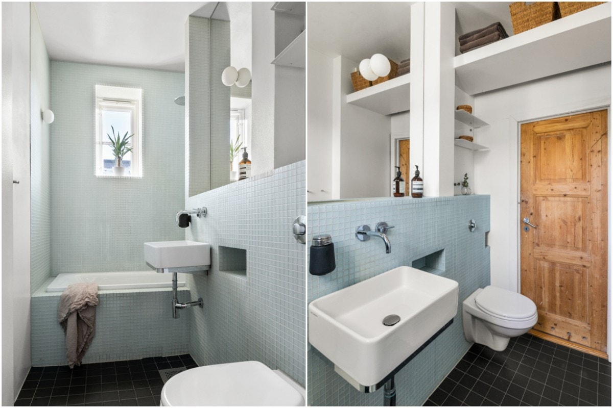 Delikat flislagt bad/WC. Innfilset badekar med regnfallsdusj. Galleribilde