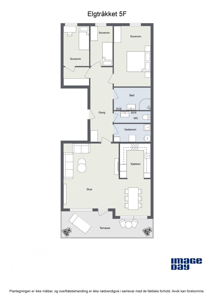 Plantegning. Stor og luftig stue med utgang til balkong. Egen privat soverom- og baderomsavdeling til venstre for inngangspartiet. Galleribilde