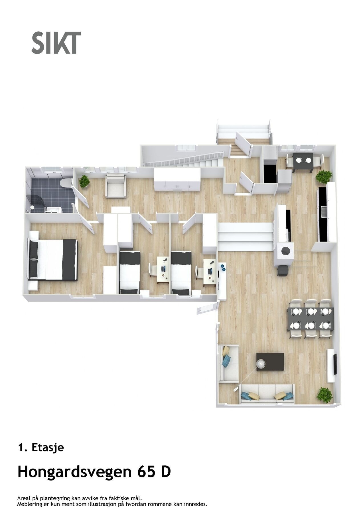 Plantegning Hongardsvegen 65 D | 1. etasje med møbleringsforslag. Galleribilde