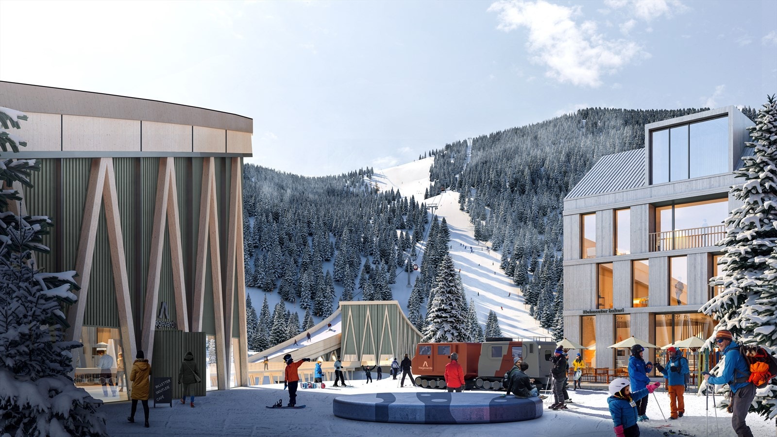 Fjellparken ligger tett på alpinanlegget, langrennsløypene, sykkelstier og Planene for området er ambisiøse og investeringene er store. (3D perspektiv, avvik kan forekomme) Galleribilde