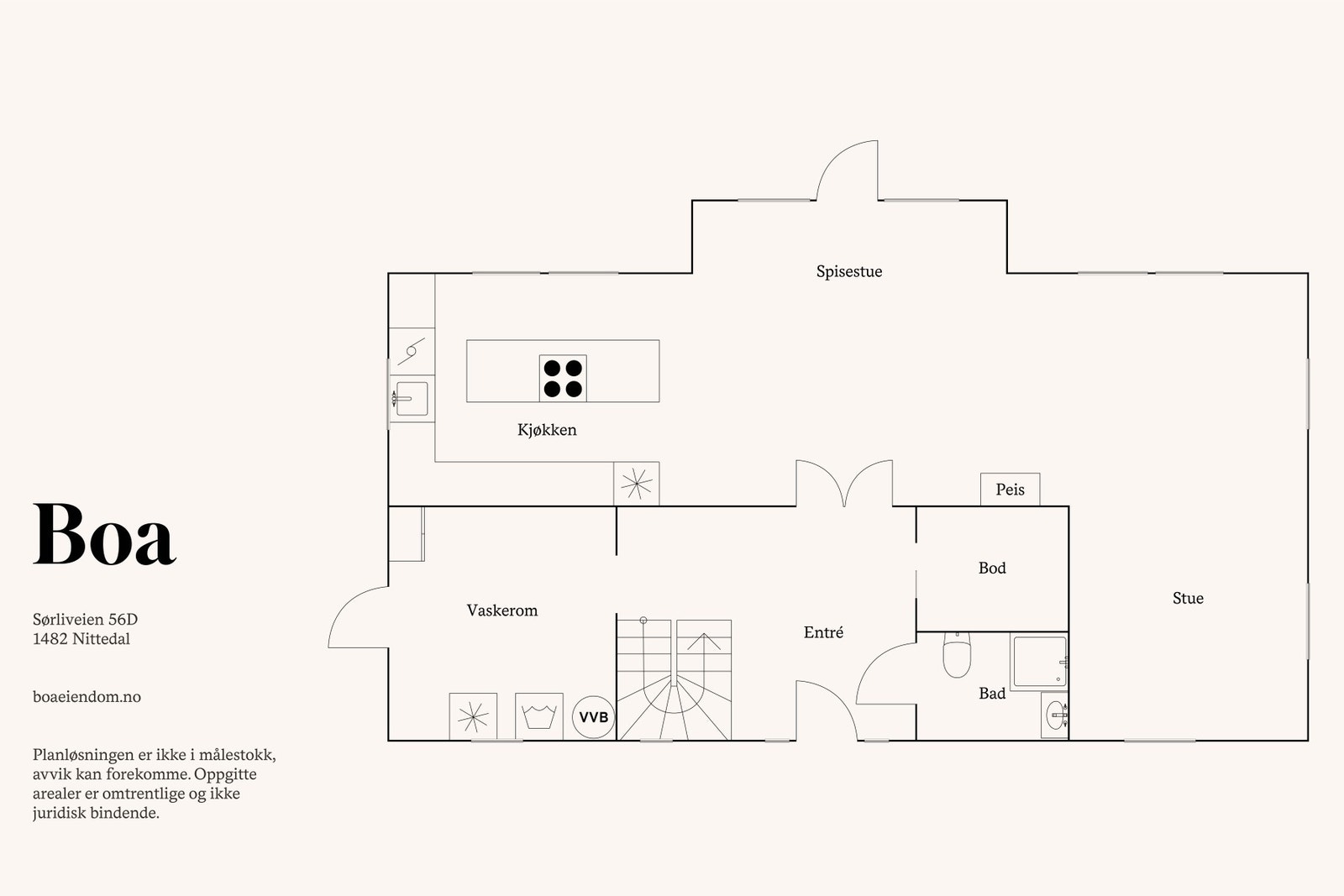 1. etasje: Bad, entré, kjøkken, spisestue, vaskerom. Teknisk rom. Galleribilde
