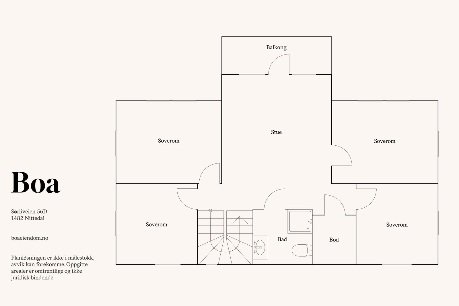 2. etasje: Bad, hall m/trapp, stue og fire soverom. Bod. Galleribilde