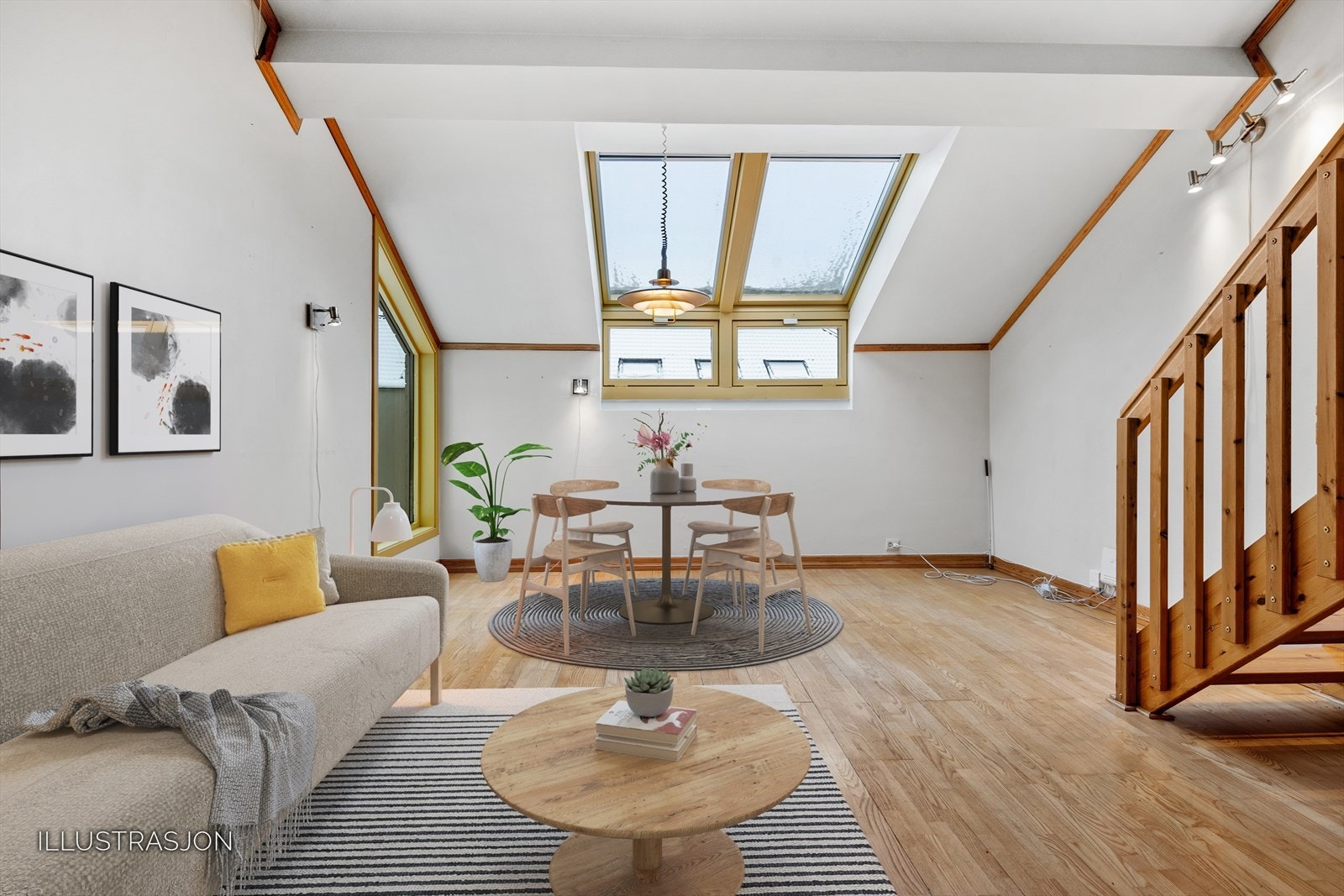 Leiligheten har en stor åpen stue- og kjøkkenløsning med gode innredningsmuligheter. Her ser man et illustrasjonsbilde. Galleribilde