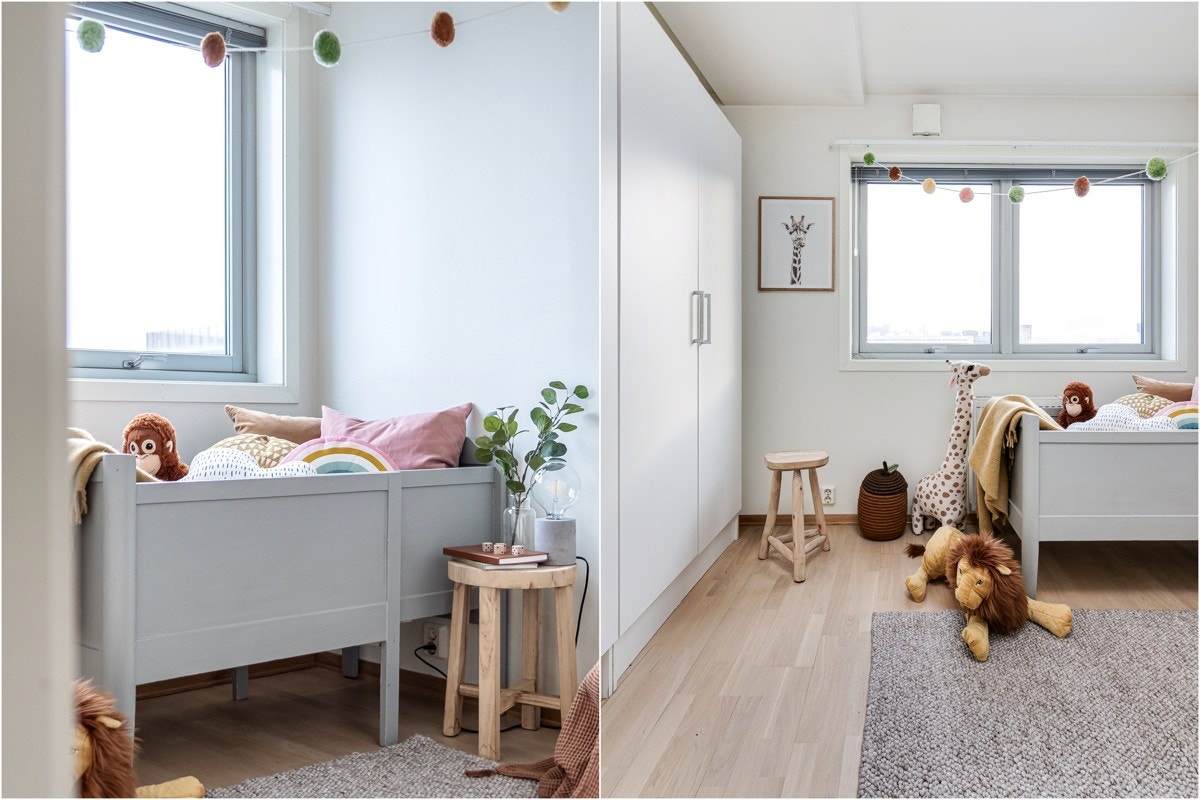 I dag innredet som barnerom med montert garderobeløsning på en vegg. Galleribilde