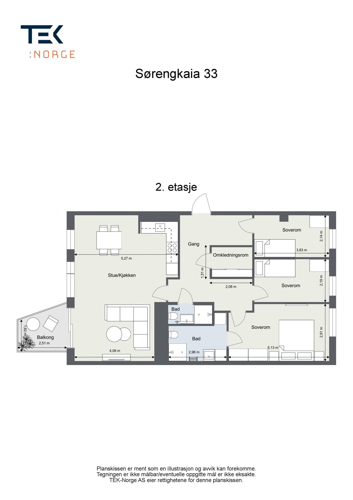 Leiligheten har bl.a 2 bad, 3 gode soveorm, eget omkledningsrom og en stor og sosial stue- og kjøkkenløsning. Galleribilde