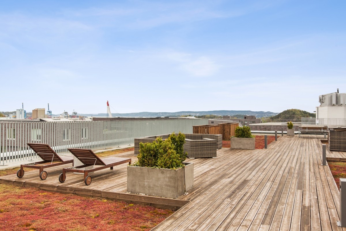 Det er felles takterrasse på toppen av bygget, adkomst via heis direkte fra leilighetsplan. Galleribilde
