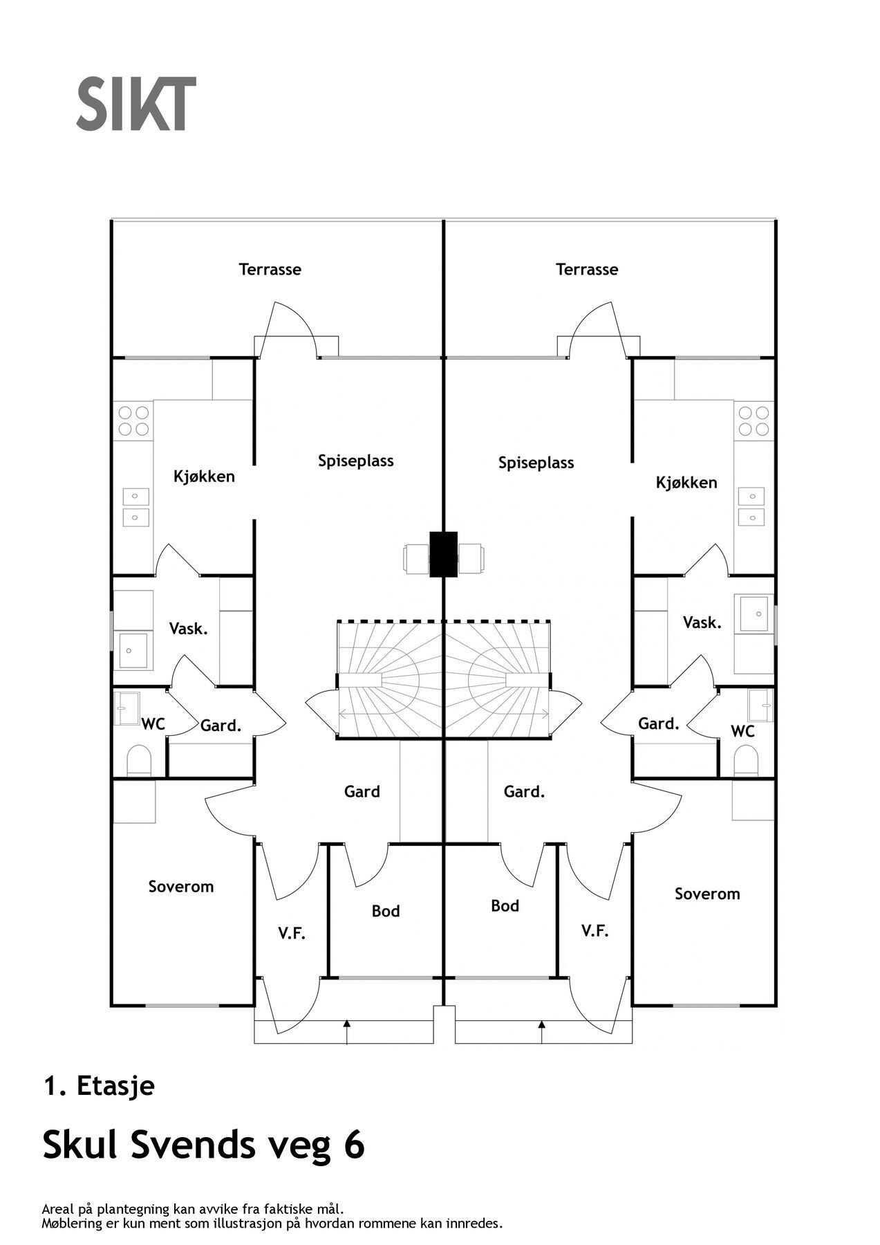 Plantegninger Skul-Svends veg 6 A-F. | 1. etasje. Tegningene vil avvike noe mellom de ulike leilighetene. Galleribilde