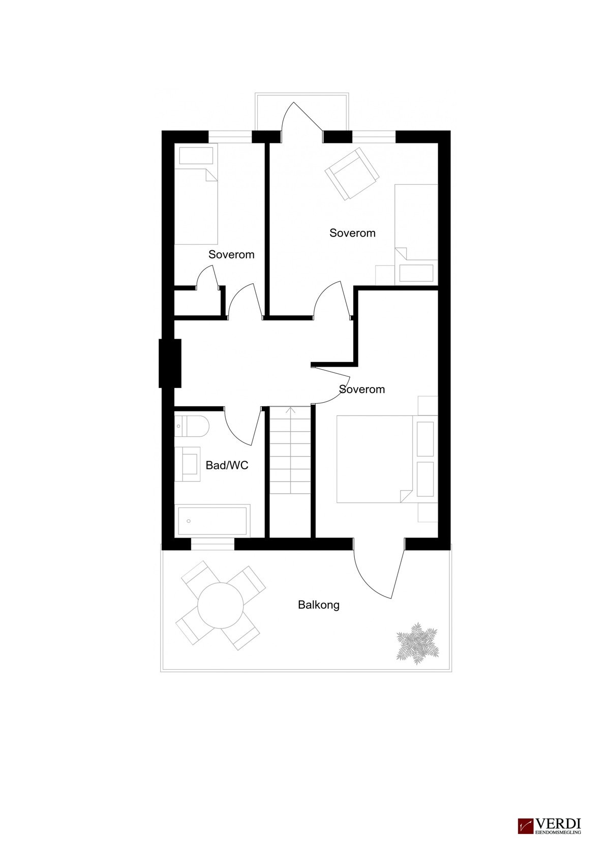 Skulle man ønske et 3. soverom i boligen kan man sette opp igjen veggen som deler det ene rommet, slik som vist på tegningen her. Dette var opprinnelig godkjent planløsning. Galleribilde