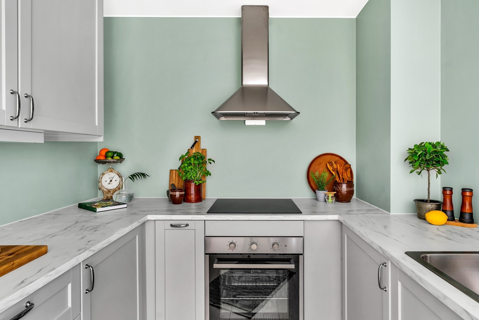 Kjøkkenet har integrerte hvitevarer som nedfelt induksjonstopp, ventilator med kullfilter, stekeovn, oppvaskmaskin og kjøle-/fryseskap. Galleribilde