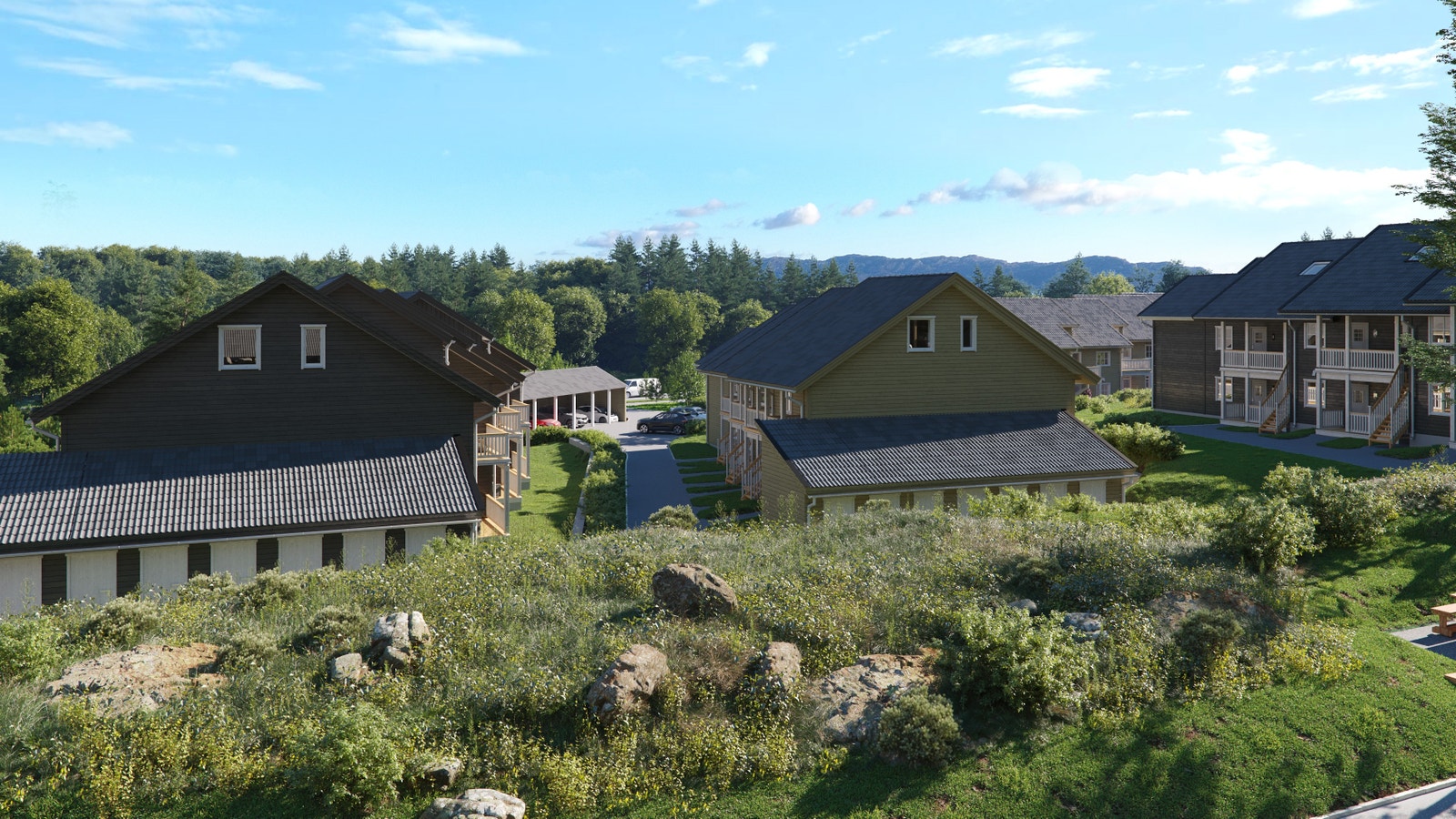 Illustrasjon - Sett fra parkeringsplass mot Bygg F og G Galleribilde