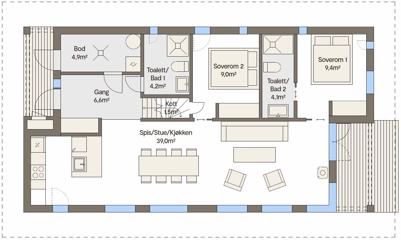 Plantegning hovedplan. Her med alternativ planløsning for inngang på siden. Galleribilde