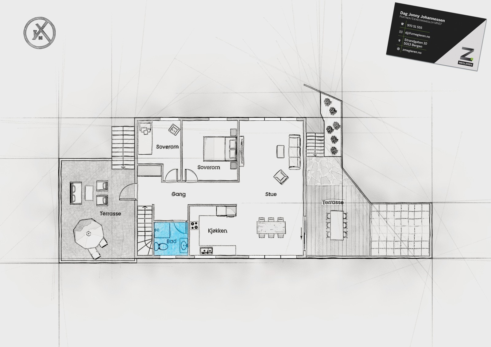 Husets 1. etasje har et bruksareal på 78 m² + to store terrasser. Oppgang til koffertloft med god lagringsplass. Galleribilde