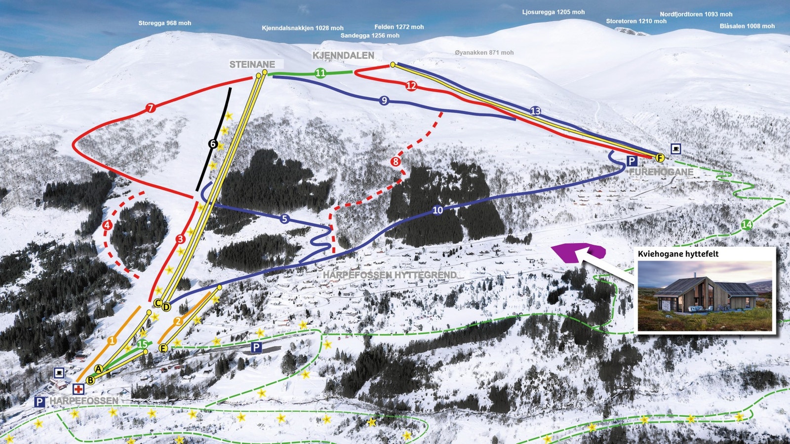 Spenn på deg skia ved hytteveggen og renn ned til en av skiheisane som tar deg opp til 14 nedfartar. Galleribilde