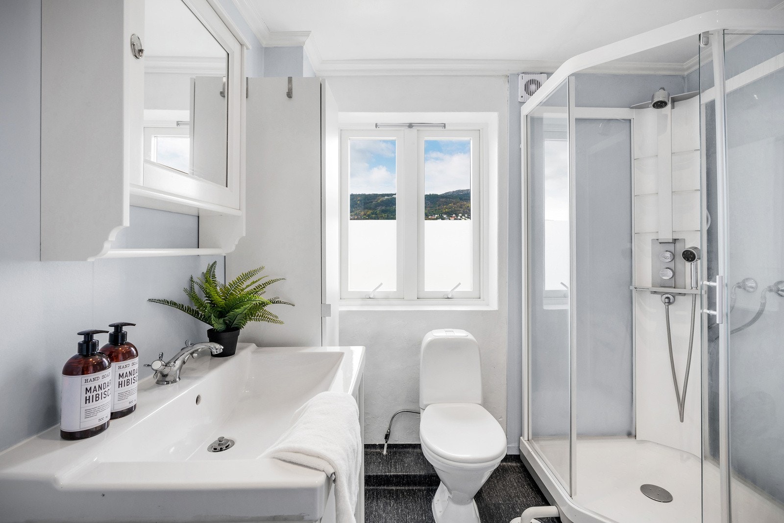 Badet inneholder wc, servant, dusjkabinett og opplegg for vaskemaskin Galleribilde