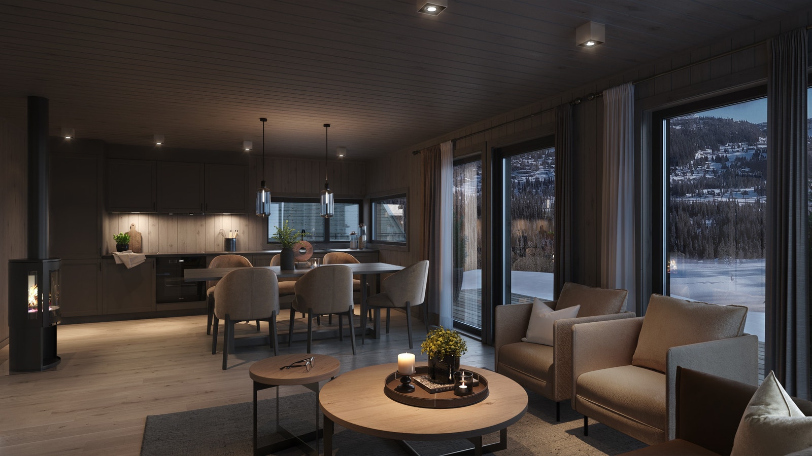 Illustrasjon på stue og kjøkken. Bildet kan inneholde elementer som ikke er i standard leveranse, men kan fås som tilvalg. Galleribilde