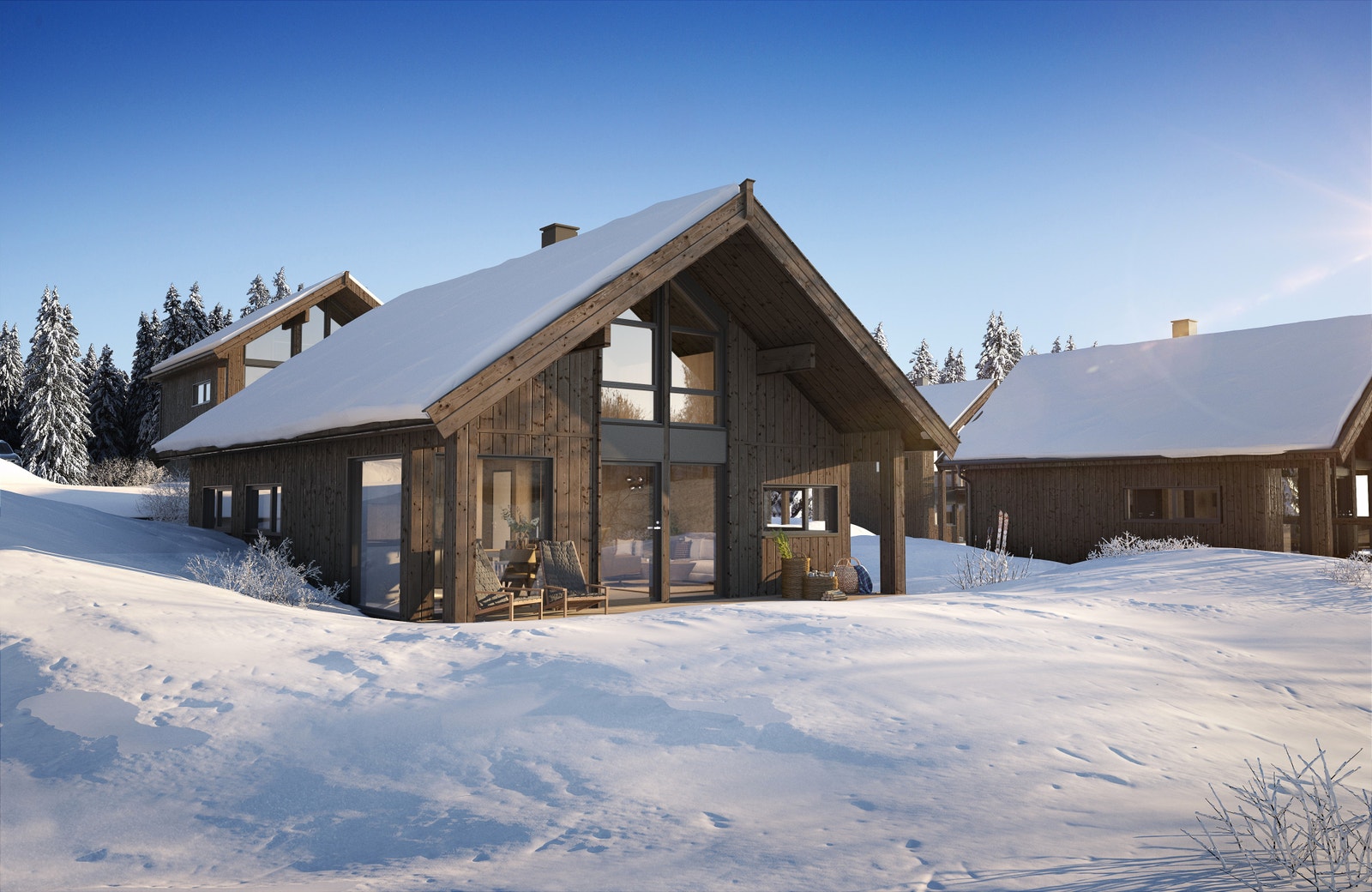 Illustrasjon på ferdig prosjektert hytte. Galleribilde