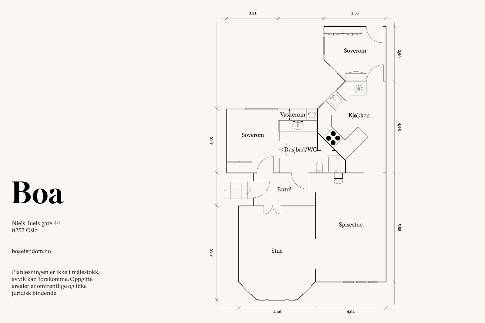 Høy 1. etasje: Entré/gang, bad og vaskerom, stue, spisestue, kjøkken og to soverom. Galleribilde