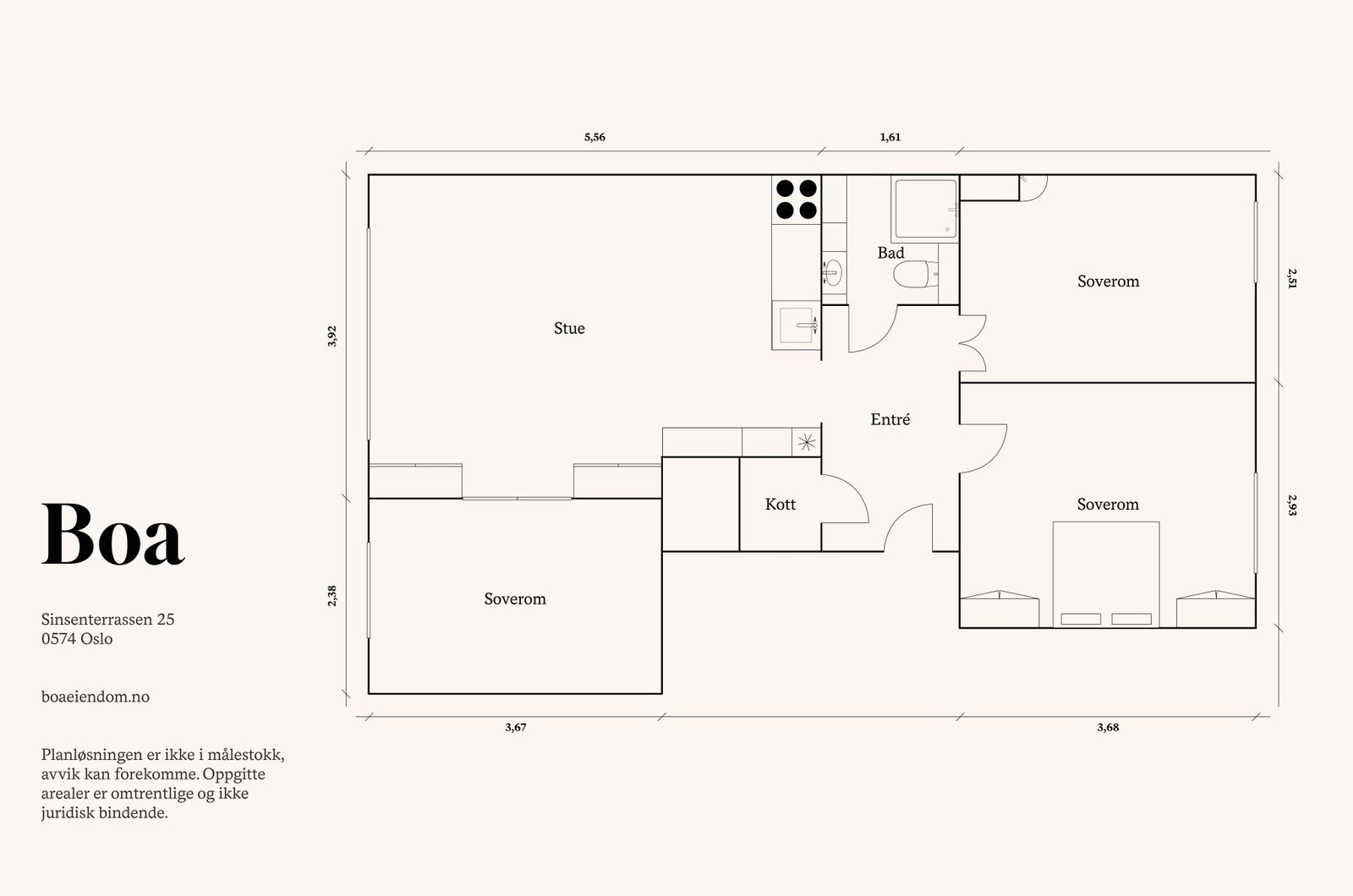 Høy 1. etasje: Entré/hall med åpen garderobe, dusj/wc, stue/spisestue med åpent kjøkken og tre soverom. Galleribilde