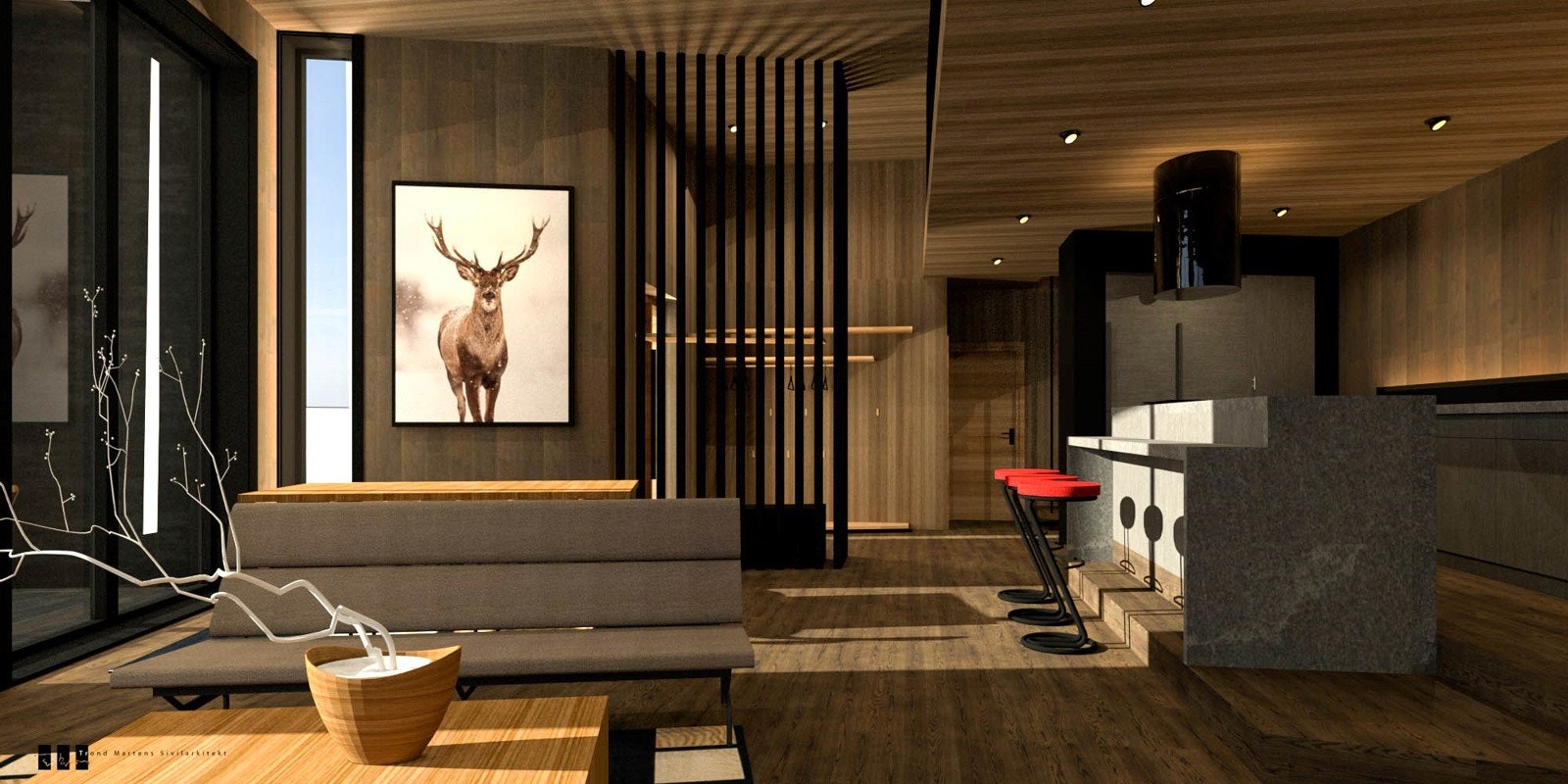 Kjøkkenet etableres med nivåforskjell fra øvrig del av stuen og får en hvit, moderne innredning i dansk design. Galleribilde