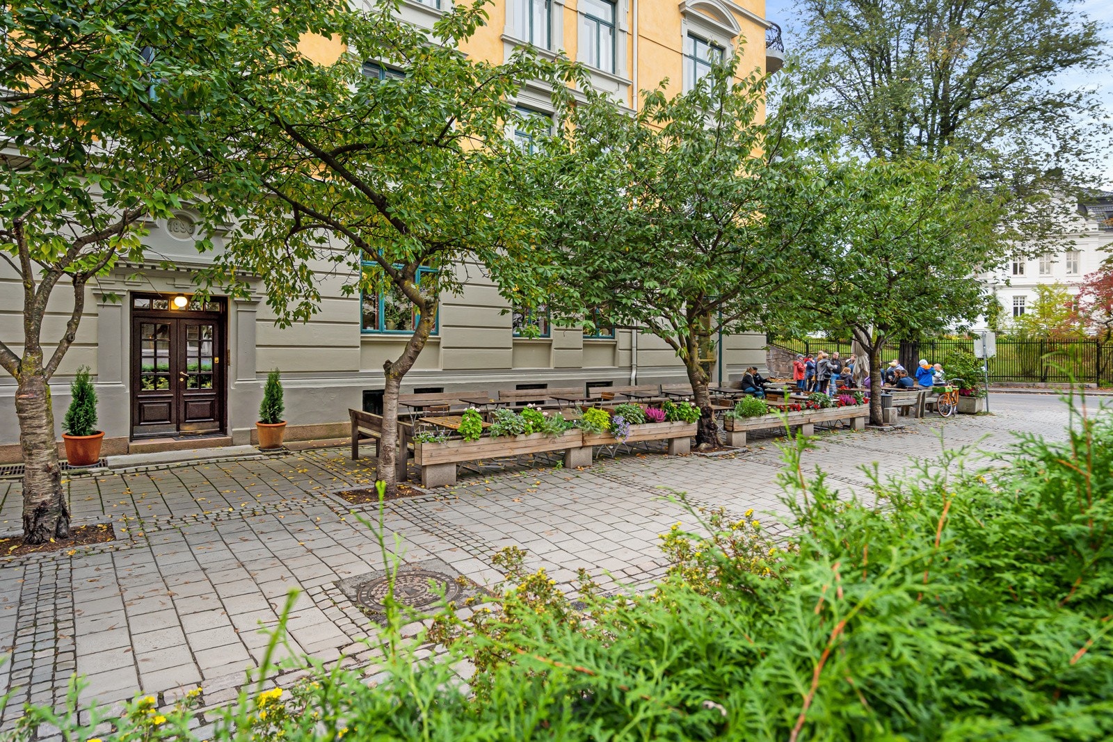 Inngangspartiet er omkranset av vakre kirsebærtrær. Galleribilde