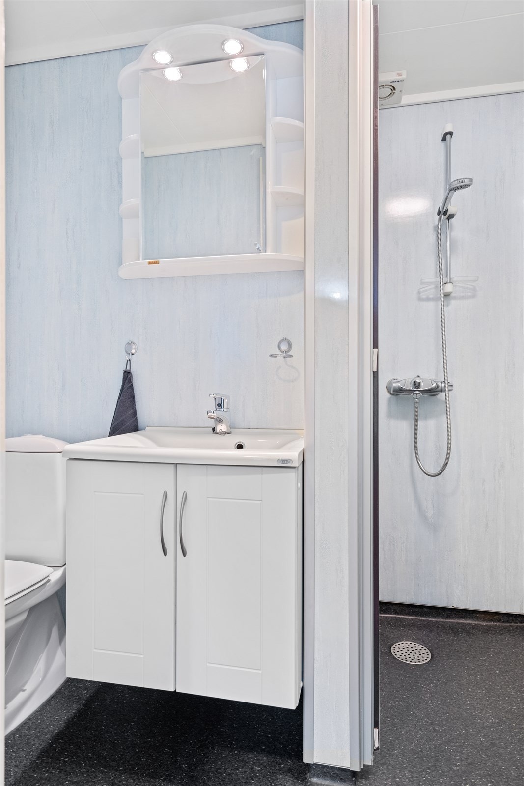 Badet i hybelen har servant med skap og speilskap og en dusjnisje med dør i plast. Galleribilde