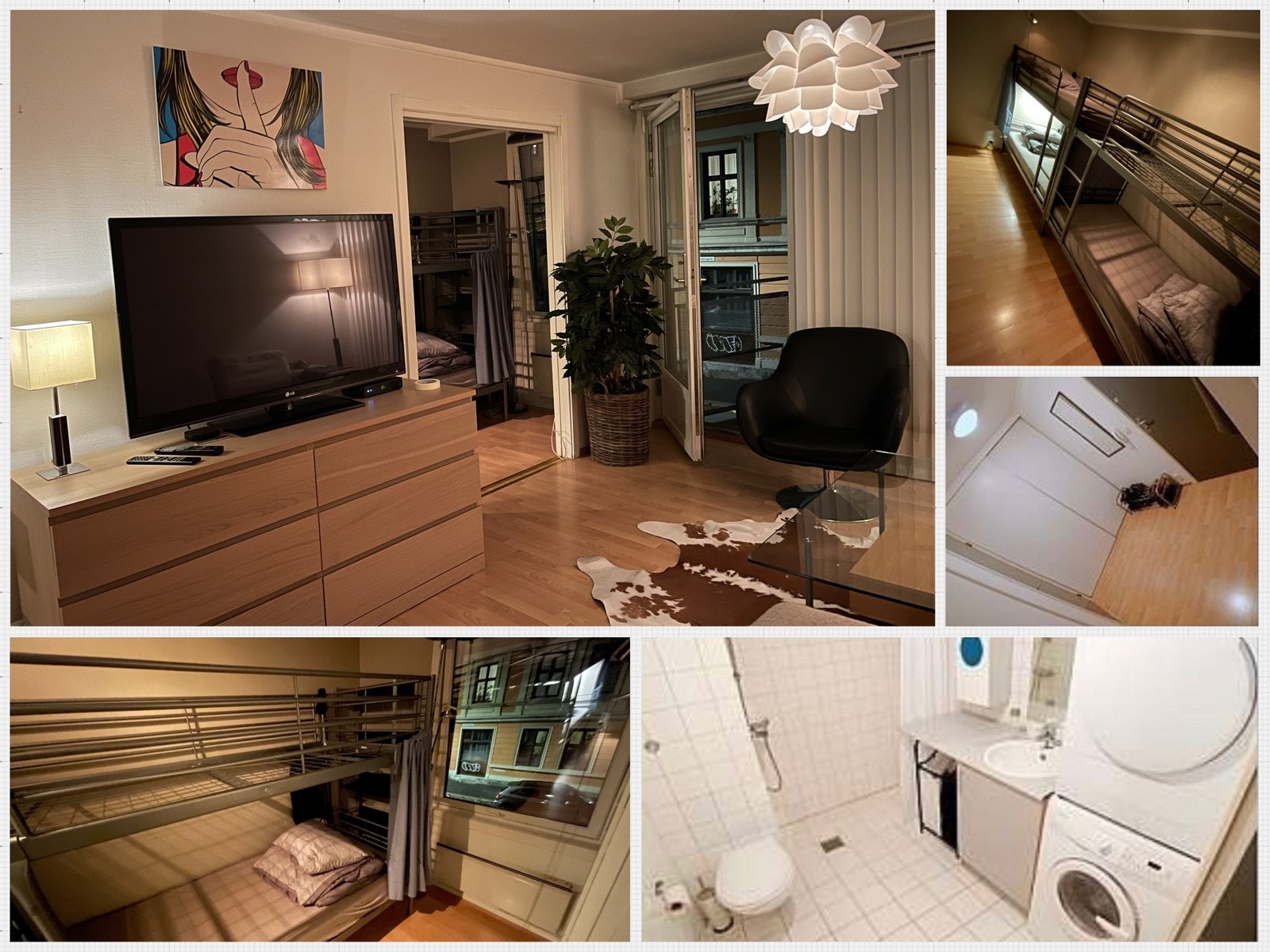 Stue før nytt design. Senger med gardin, egne strømuttak, lagring. Romslig gang, mye lagring. Stort bad med vask/tørk. Galleribilde
