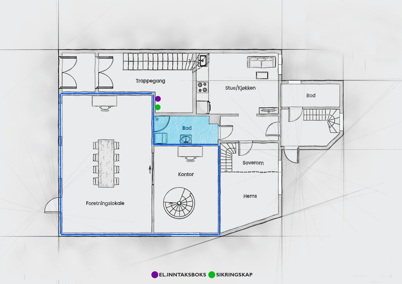 1. etasje areal merket med blå streker Galleribilde