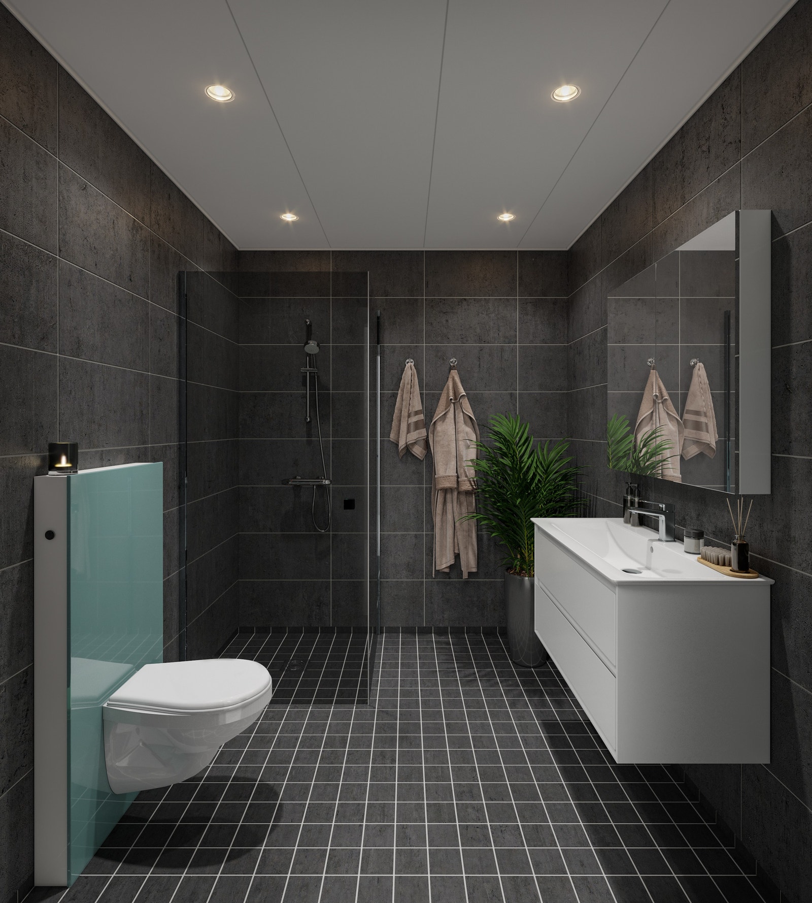 Badet er i moderne utførelse med vannbåren varme i gulv og downlights i himling (illustrasjon). Galleribilde