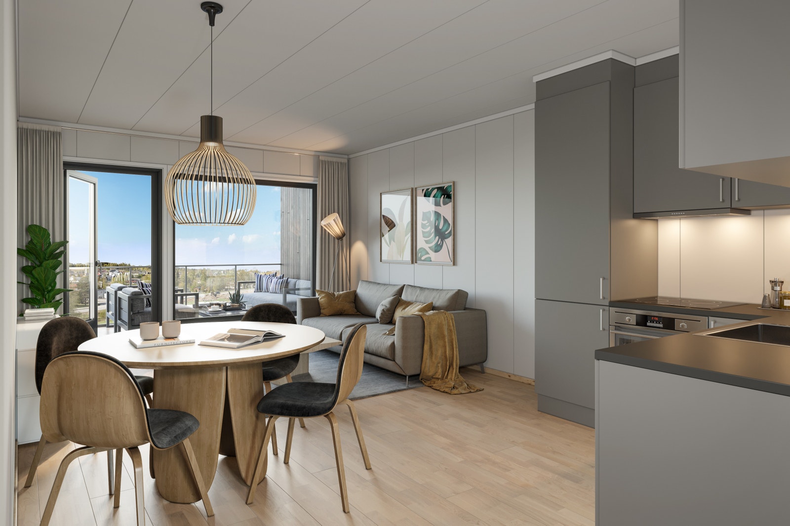 Åpen stue/kjøkkenløsning med utgang til balkong (illustrasjon). Galleribilde