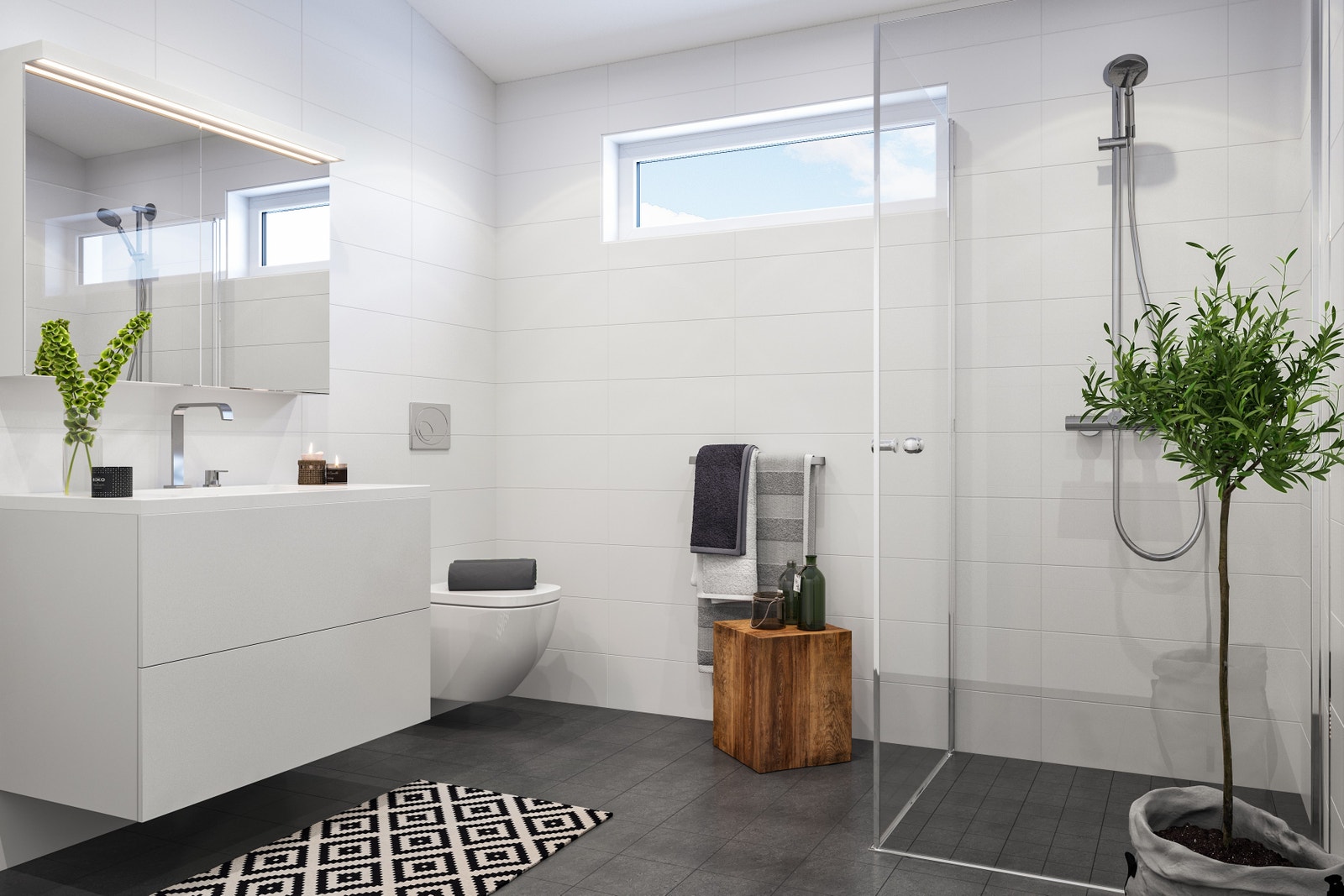 Bad i 2. etasje for bygg D og E med standard fliser Galleribilde