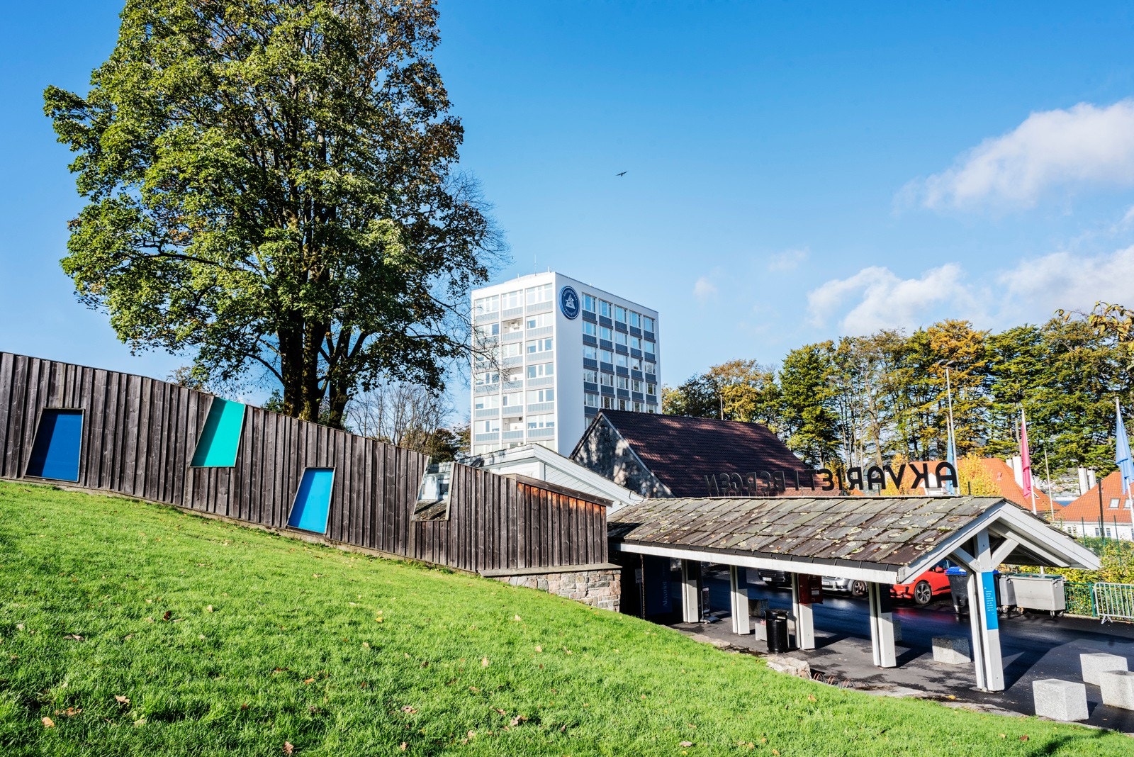 Ikoniske Akvariet ligger kun noen få meter fra Haugeveien 31. Fra balkongen kan en høre selene. Galleribilde