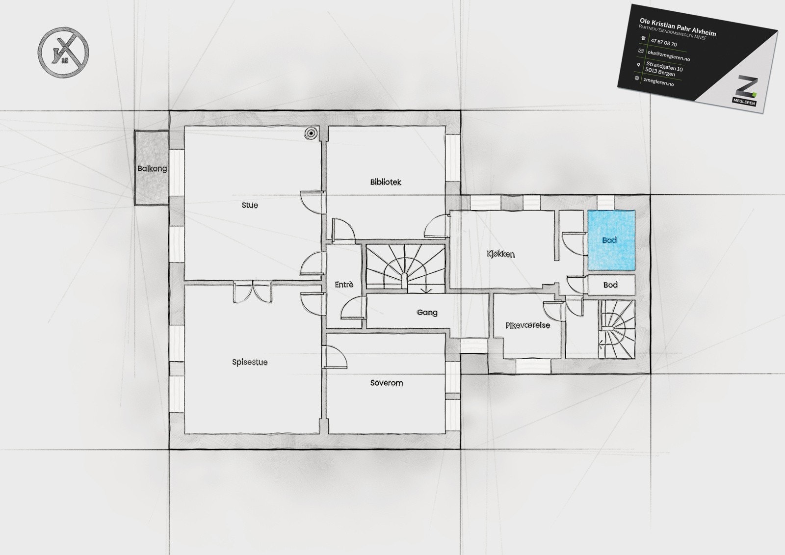2.etasje | Entré/gang (3,2 m²), mellomgang (1,9 m²), bad (2,5 m²), soverom (12,8 m²), pikeværelse (4,4 m²), kontor/arbeidsrom/bibliotek (12,8 m²), stue (21 m²), spisestue (21,3 m²) og kjøkken (9,2 m²). Galleribilde