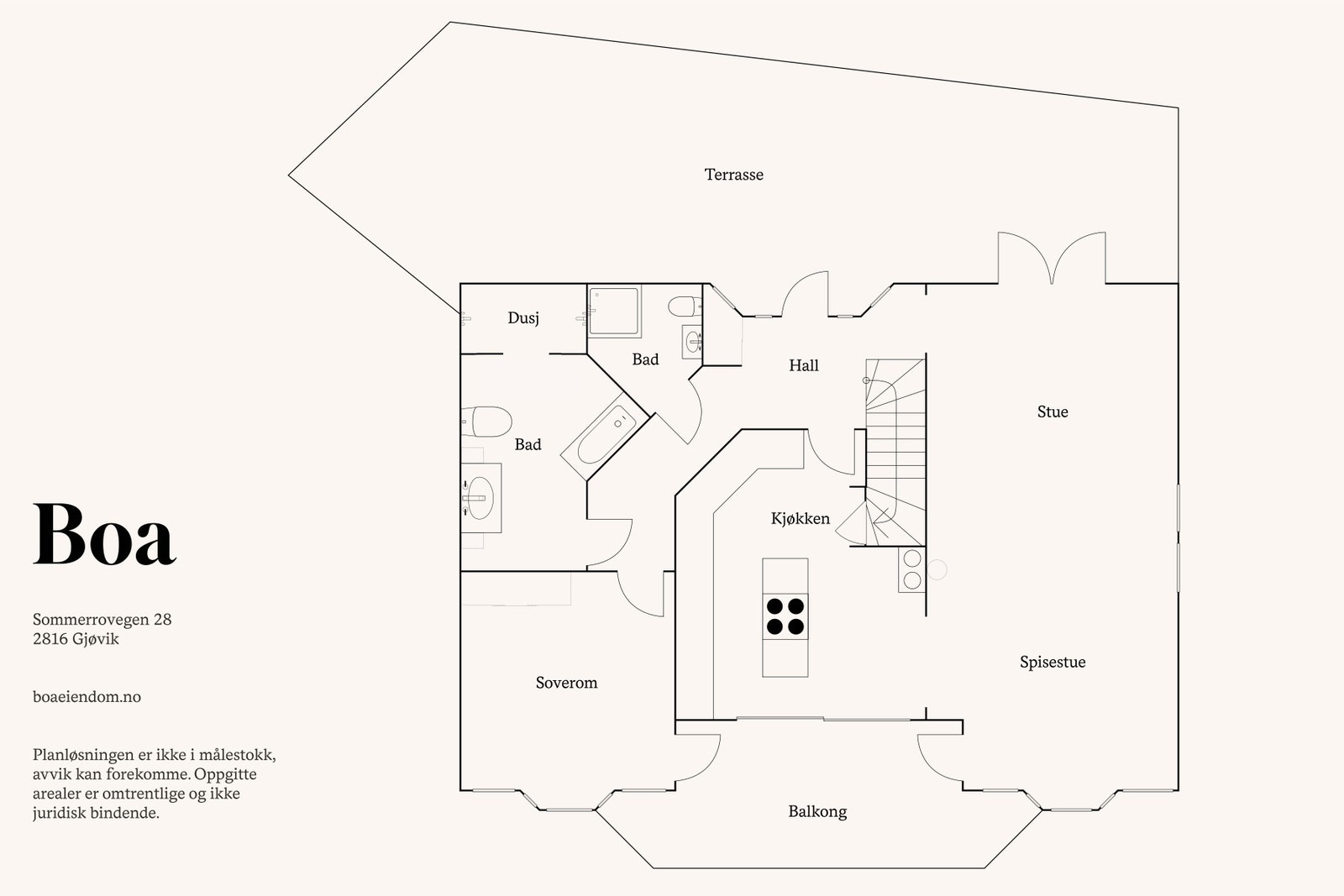 1. etasje: To baderom, kjøkken, entré, stue og hovedsoverom. Galleribilde