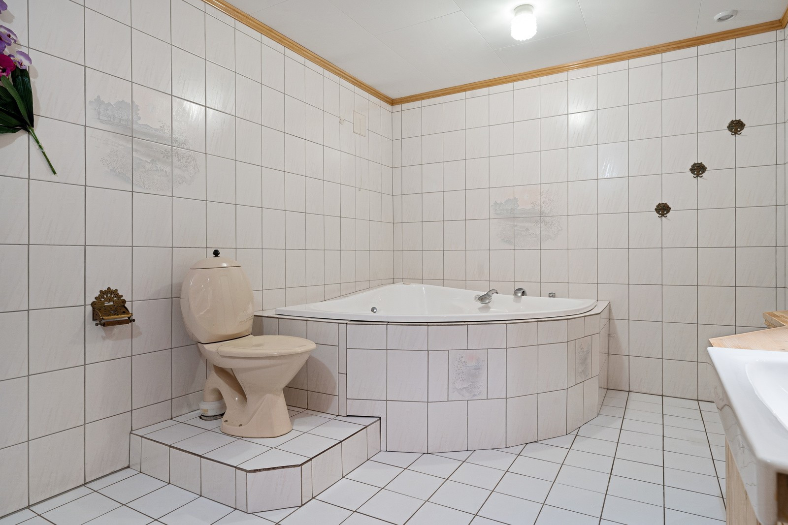 Badet er utstyrt med gulvmontert wc, massasjebadekar og stort dusjhjørne. Badekaret har inspeksjonsluke i front.