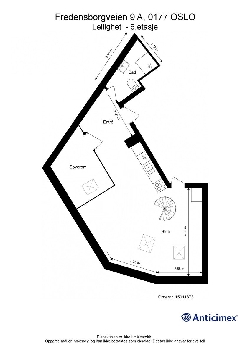 Alternativt plantegning 6. etasje med to soverom. Leiligheten er opprinnelig byggemeldt og ferdigattestert med to soverom Galleribilde