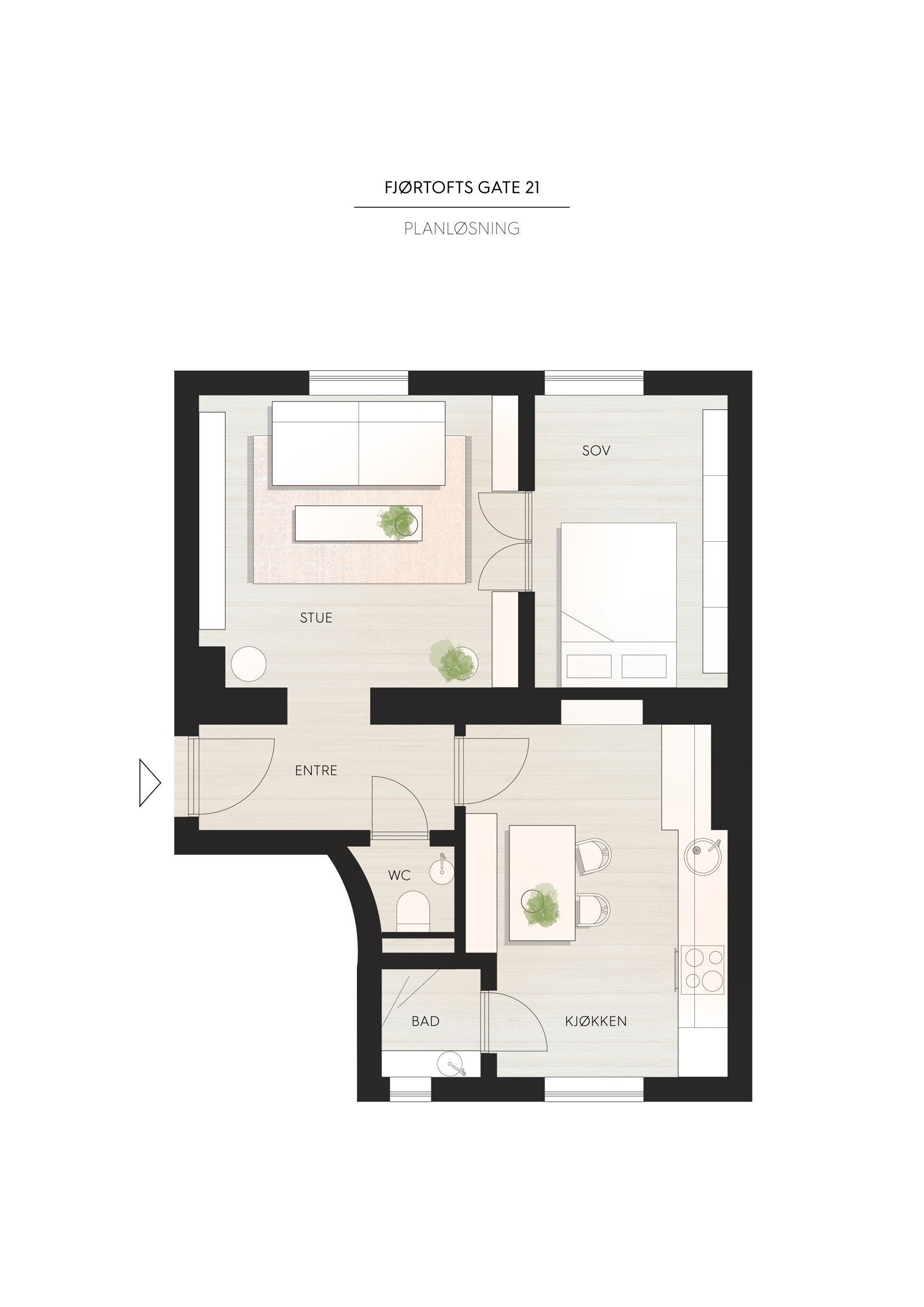 Plantegning. I tillegg disponerer leiligheten en kjellerbod på ca. 10m², samt en loftsbod med gulvareal på ca. 3,6m². Galleribilde
