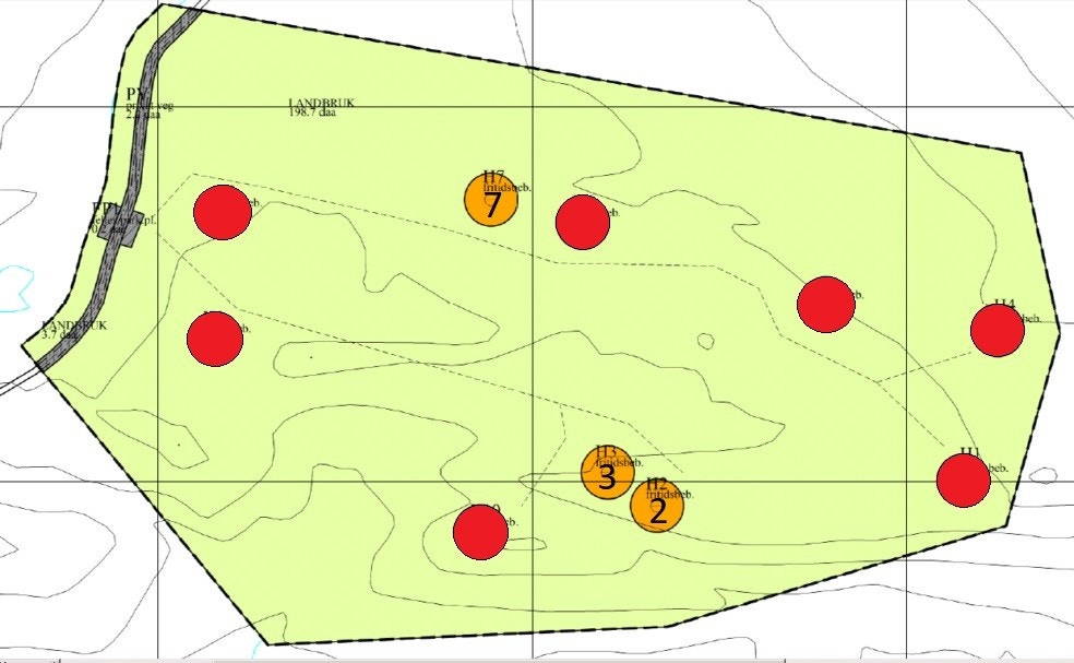 Tomtekart Storslåtten hytteområde. Orange tomter er ledige. Galleribilde