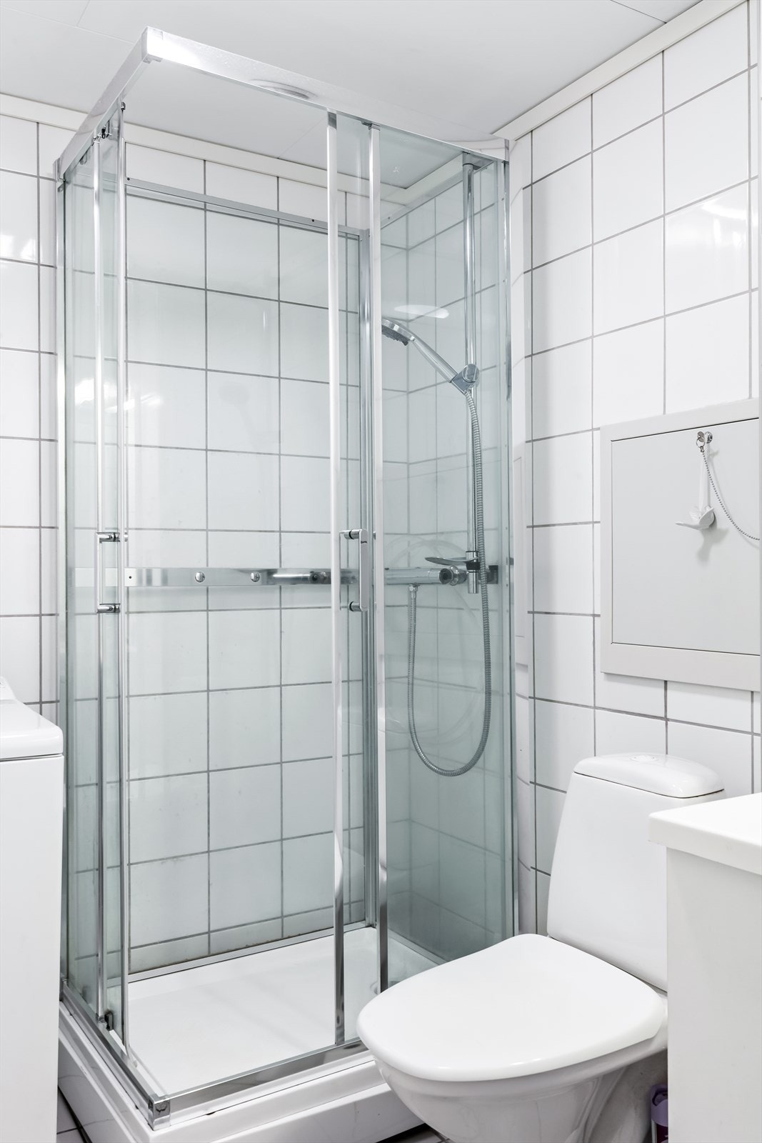 Videre består innredningen av dusjkabinett med skyvedør, toalett, speil og lys. Det er opplegg for vaskemaskin. Galleribilde