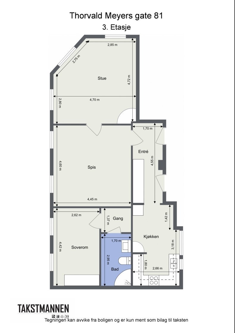 Plantegning. Ved å flytte kjøkken ut i stuen vil du få 2 gode soverom. Hovedsoverom mot bakgård med balkong Galleribilde