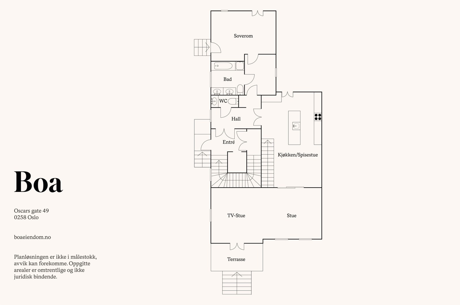 1. etasje: Entré, hall, kjøkken/spisestue m/trapp ned, stue, bibliotek/tv-stue , omkledningsrom , bad, soverom, wc. Galleribilde