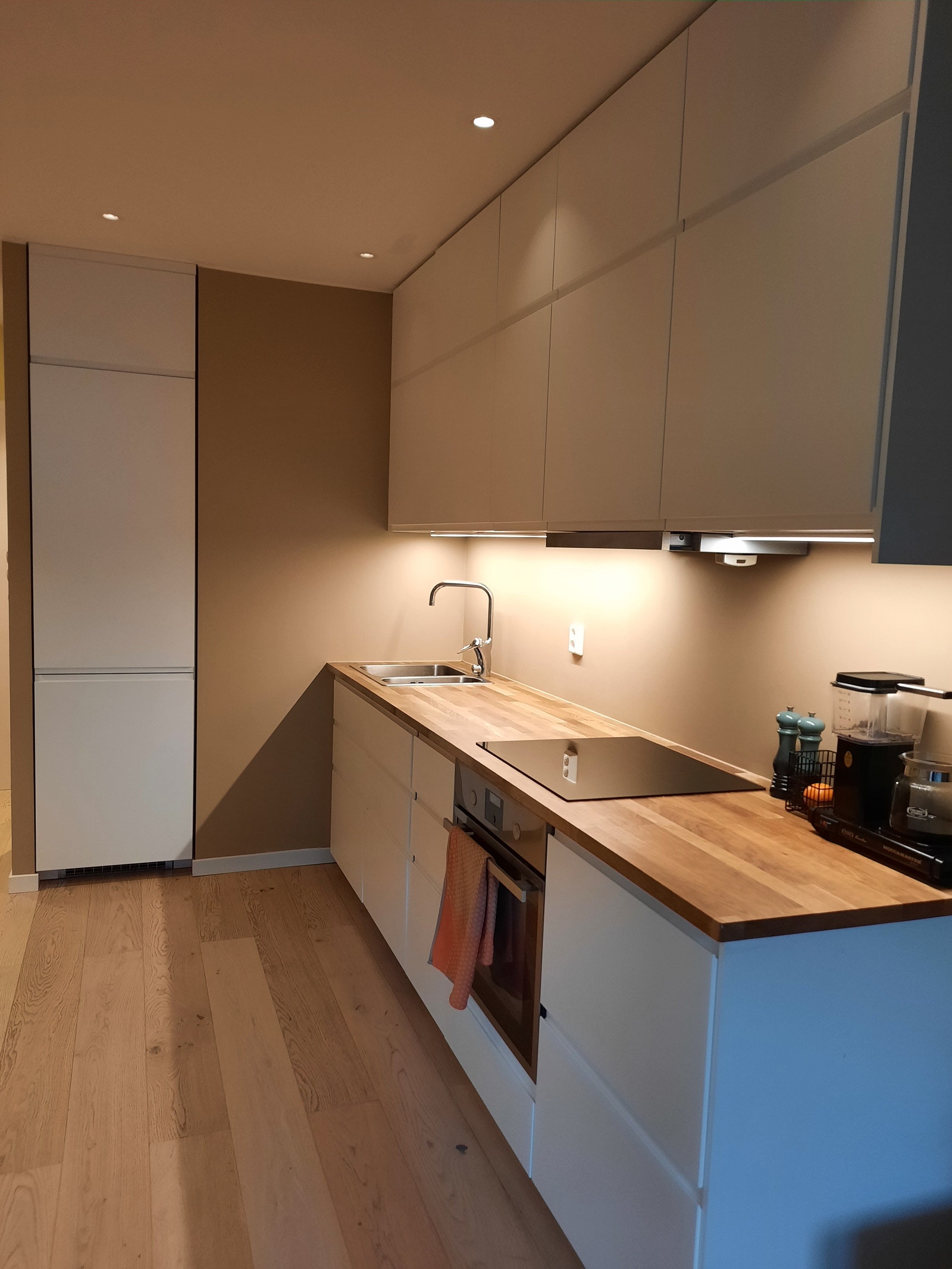 Åpen kjøkkenløsning med innebygd oppvaskmaskin og induksjonsovn. Galleribilde